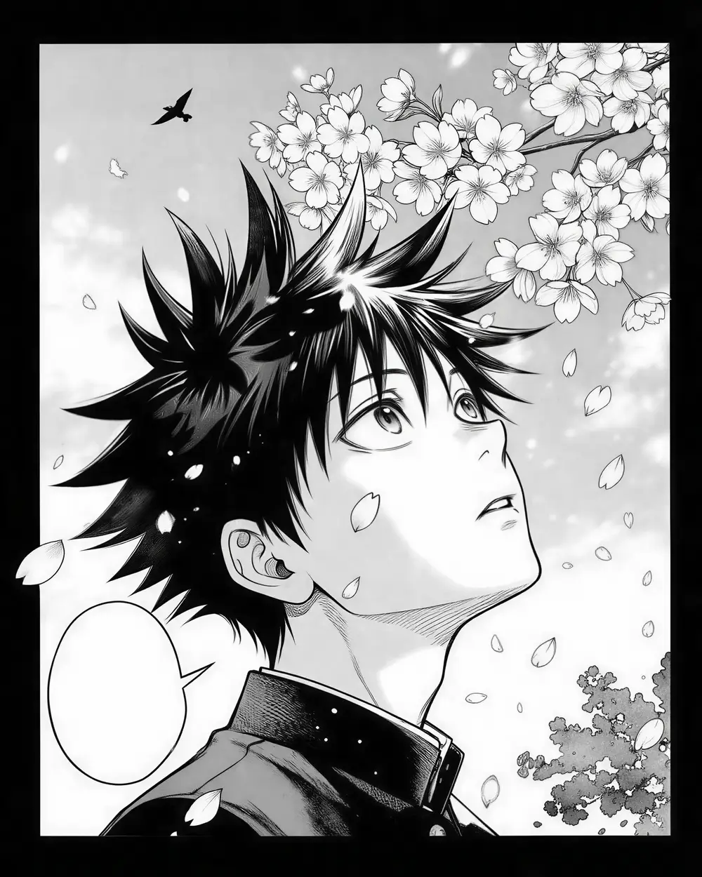 Black-and-white manga panel of a boy with spiky hair under falling cherry blossoms — after