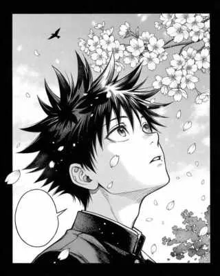 Black-and-white manga panel of a boy with spiky hair under falling cherry blossoms — before