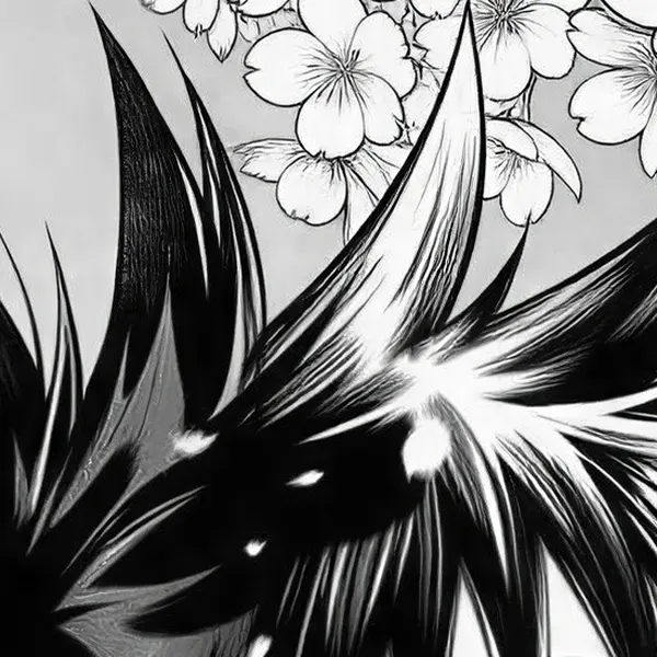 Black-and-white manga panel of a boy with spiky hair under falling cherry blossoms — the same crop after Real-ESRGAN