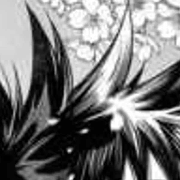Black-and-white manga panel of a boy with spiky hair under falling cherry blossoms — the 320 px original stretched to the same size (bicubic)