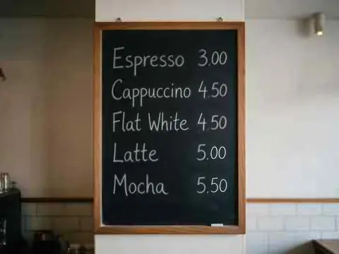 Cafe chalkboard menu listing coffee drinks and prices