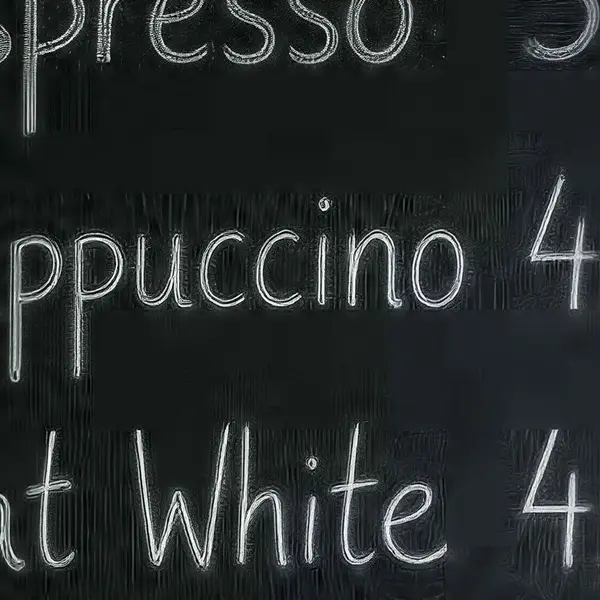 Cafe chalkboard menu listing coffee drinks and prices — the same crop after Image Upscaler