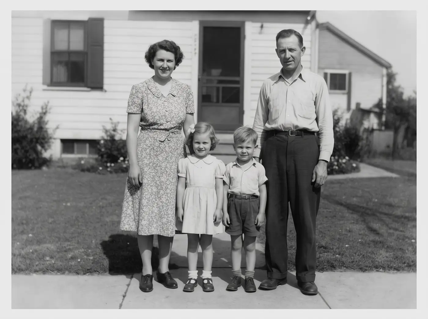 Faded 1950s black-and-white family photo in front of a house, with scratches and a torn corner — after