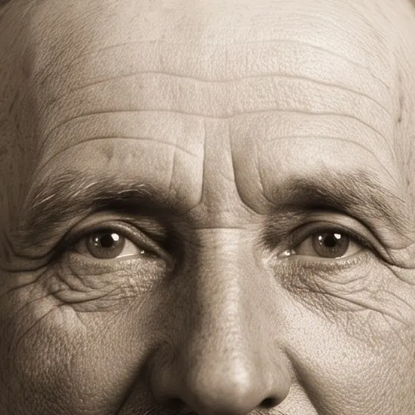 Damaged sepia studio portrait of an elderly man with a mustache — the same crop after Phota Enhance