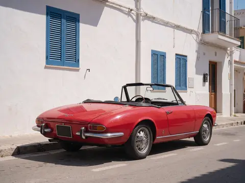 Red vintage convertible on a sunny street with white buildings and blue shutters
