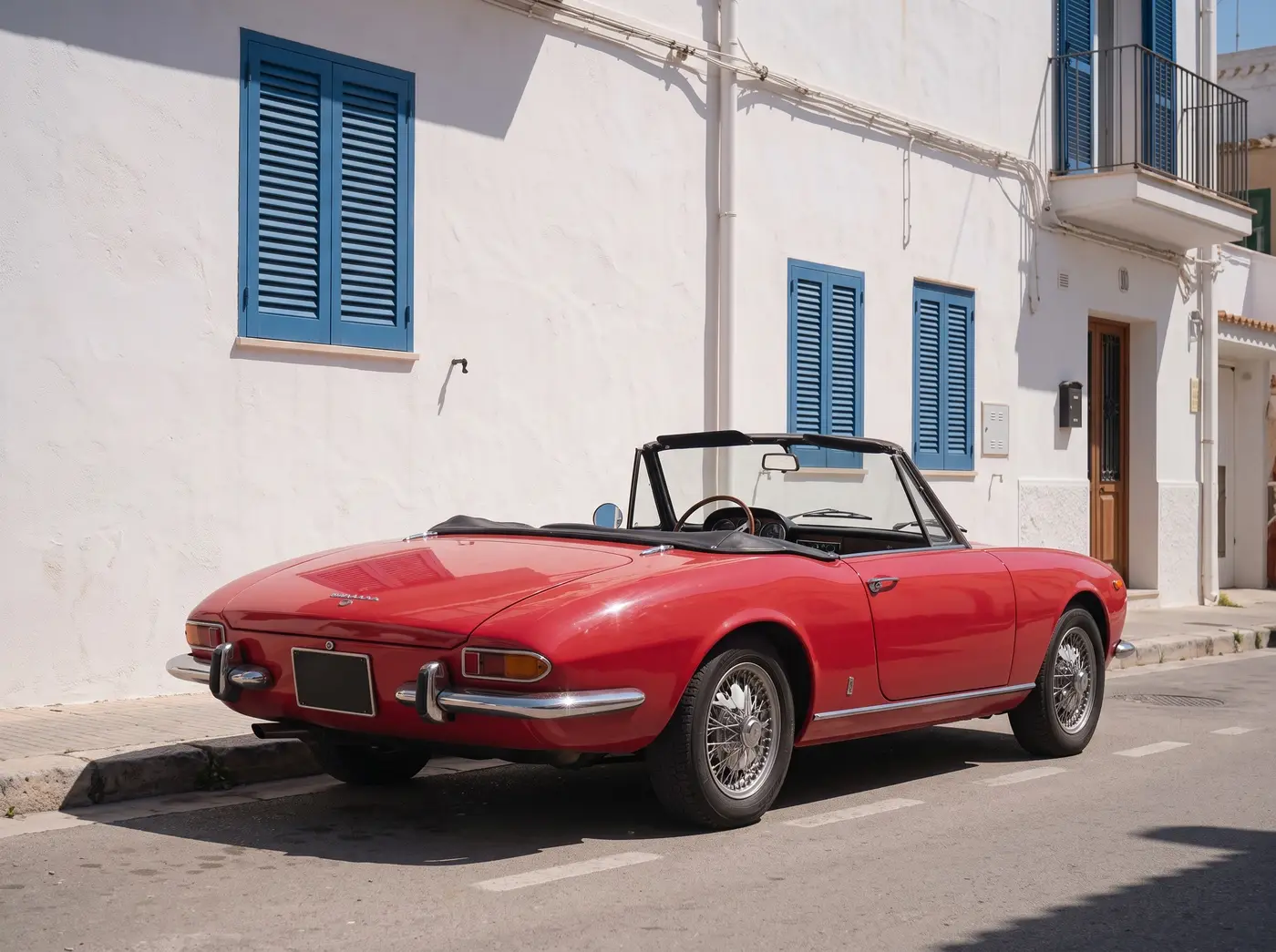 Red vintage convertible on a sunny street with white buildings and blue shutters — after
