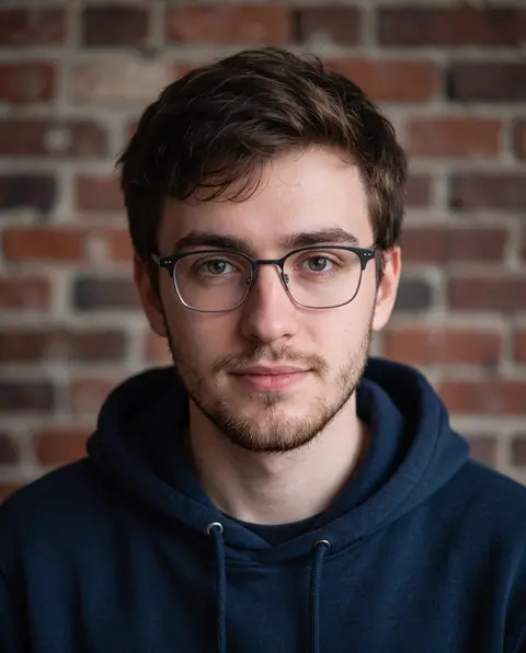 Young man with glasses and a navy hoodie against a brick wall