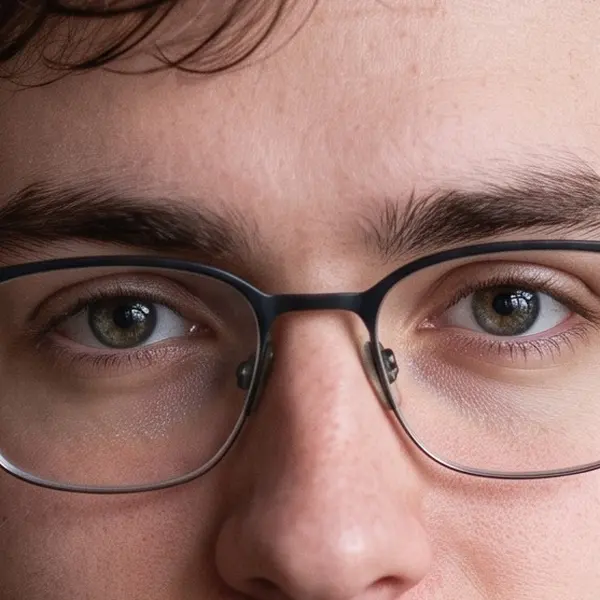 Young man with glasses and a navy hoodie against a brick wall — the same crop after Phota Enhance