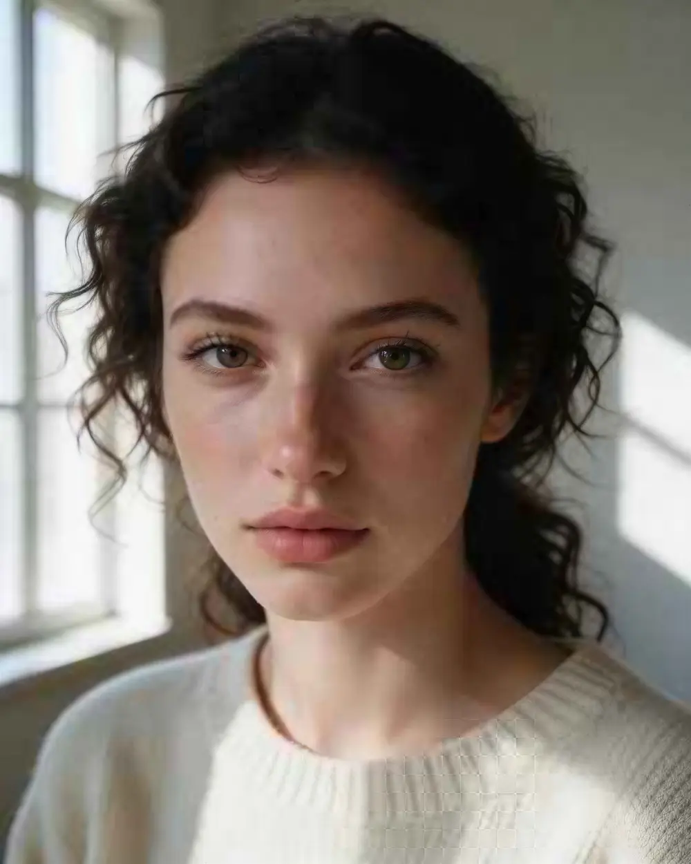 Close-up portrait of a young woman with freckles and dark curly hair — after