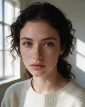 Close-up portrait of a young woman with freckles and dark curly hair — before