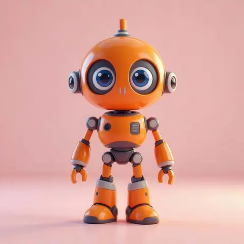 3D render of a small orange robot with big round blue eyes on a pastel pink floor