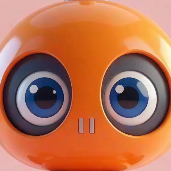 3D render of a small orange robot with big round blue eyes on a pastel pink floor — 100% crop