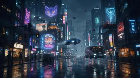 Neon-lit futuristic city street in the rain with flying cars and holographic signs