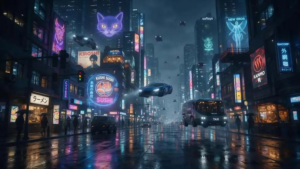 Neon-lit futuristic city street in the rain with flying cars and holographic signs (after · 4k · 5461 × 3072)