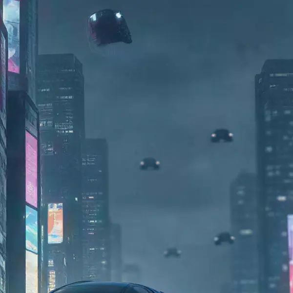Neon-lit futuristic city street in the rain with flying cars and holographic signs — 100% crop