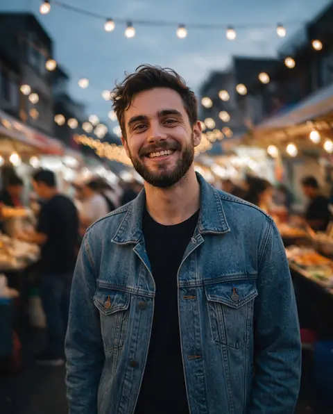 Smiling bearded man in a denim jacket at an evening street-food market