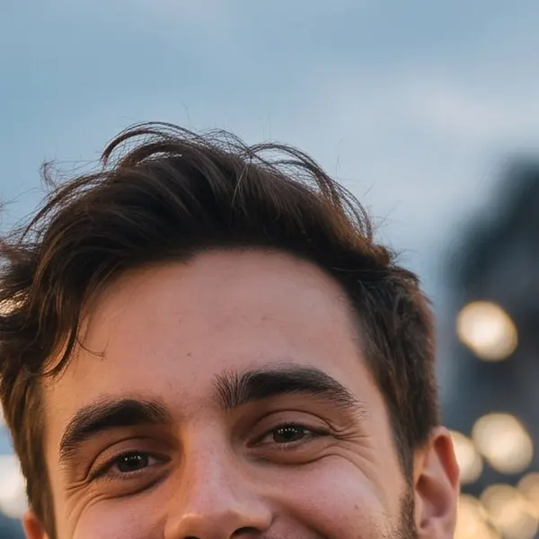 Smiling bearded man in a denim jacket at an evening street-food market — the same crop after Phota Enhance