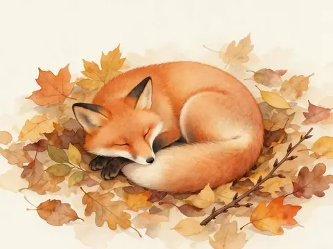 Watercolour illustration of a red fox asleep in autumn leaves