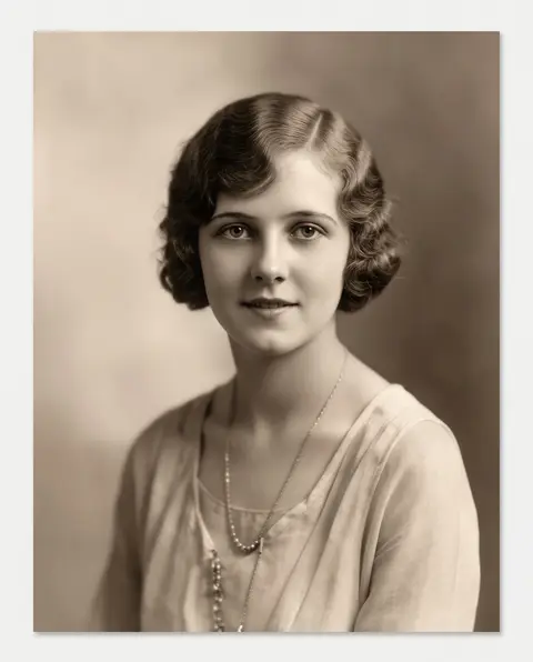 Water-stained, cracked 1920s sepia portrait of a young woman