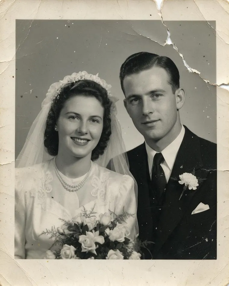 Torn, scratched 1940s black-and-white wedding portrait of a bride and groom — before