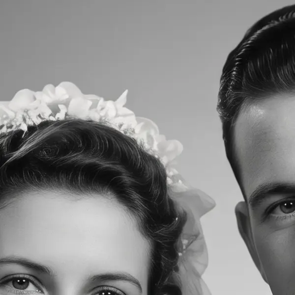 Torn, scratched 1940s black-and-white wedding portrait of a bride and groom — the same crop after Phota Enhance