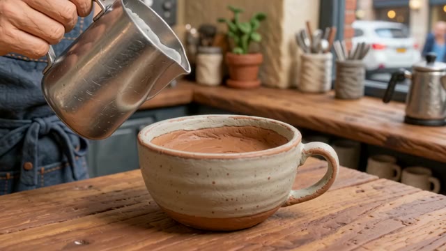 A latte being poured in a café, before and after the Restyle Video Claymation preset — the cup and table turned to sculpted clay (claymation preset)