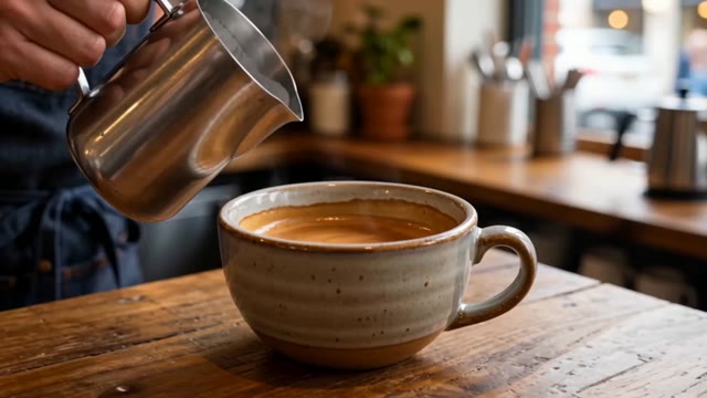 A latte being poured in a café, before and after the Restyle Video Claymation preset — the cup and table turned to sculpted clay (video frame)